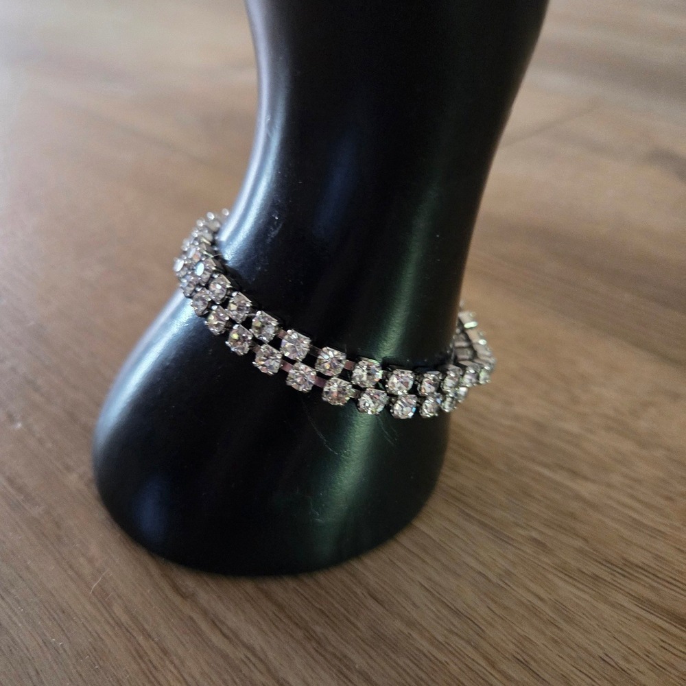 Vintage Double Row Rhinestone Tennis Bracelet Silver Tone Clear Crystal Glam